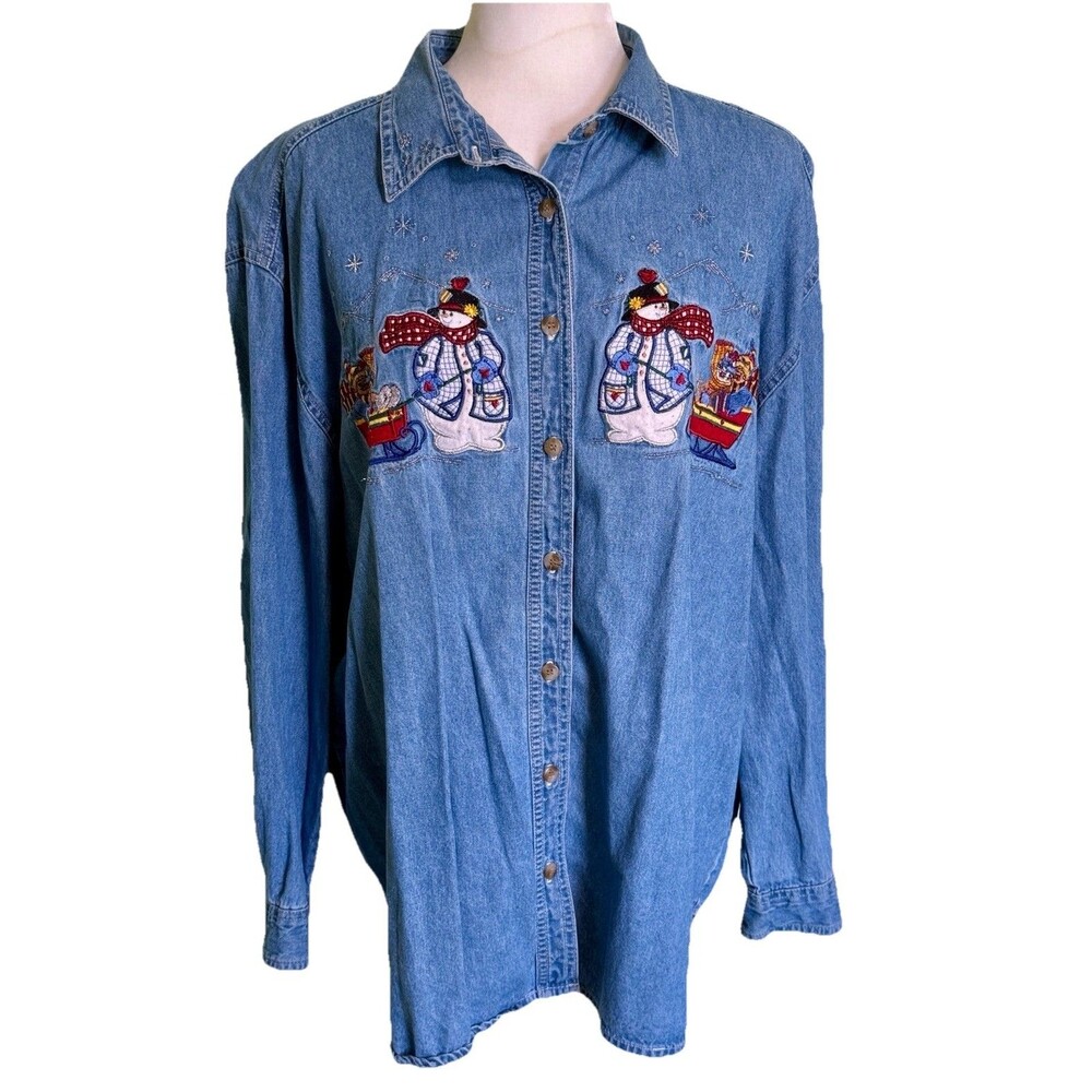 Vtg Lauren Brooke 80's Christmas Snowman Embroidered Denim Button Up Shirt Sz XL